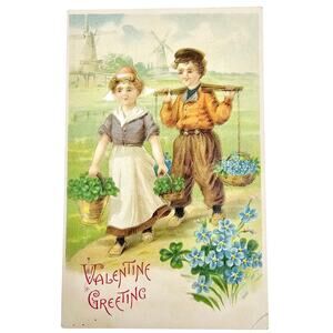 1900's Antique Collectible Valentines Post card Dutch Kids Carrying Flowers